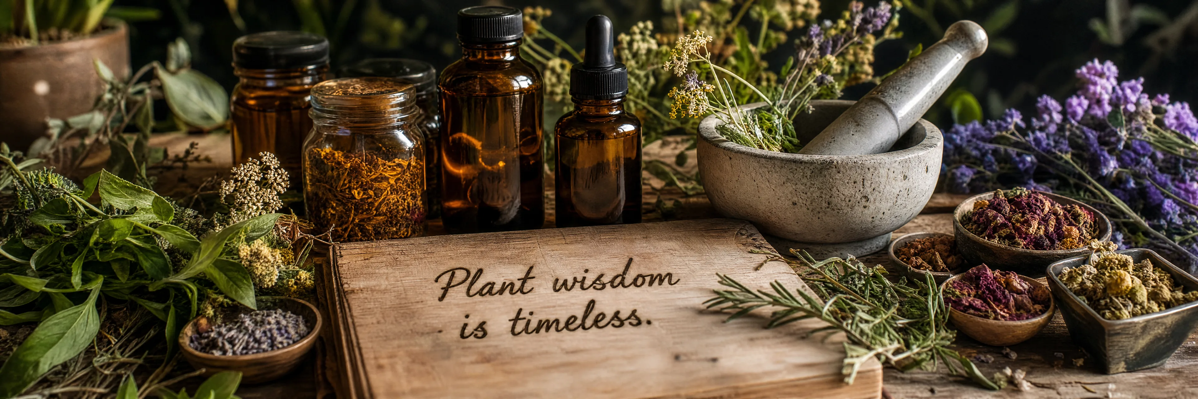 Nature's Farmacy apothecary lifestyle image with plant wisdom is timeless